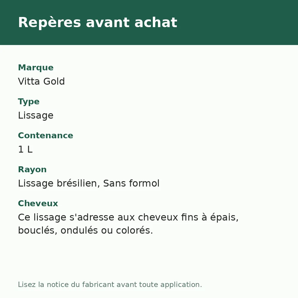 Vitta Gold Lissage protéiné Nano Plex Arginina, repères avant achat (visuel composé)