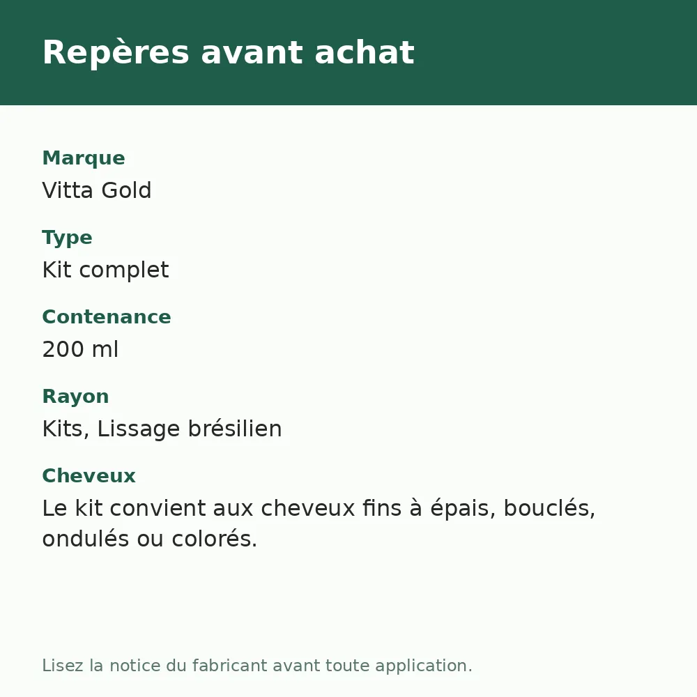 Vitta Gold Lissage protéiné Nano Plex Arginina mini kit, repères avant achat (visuel composé)