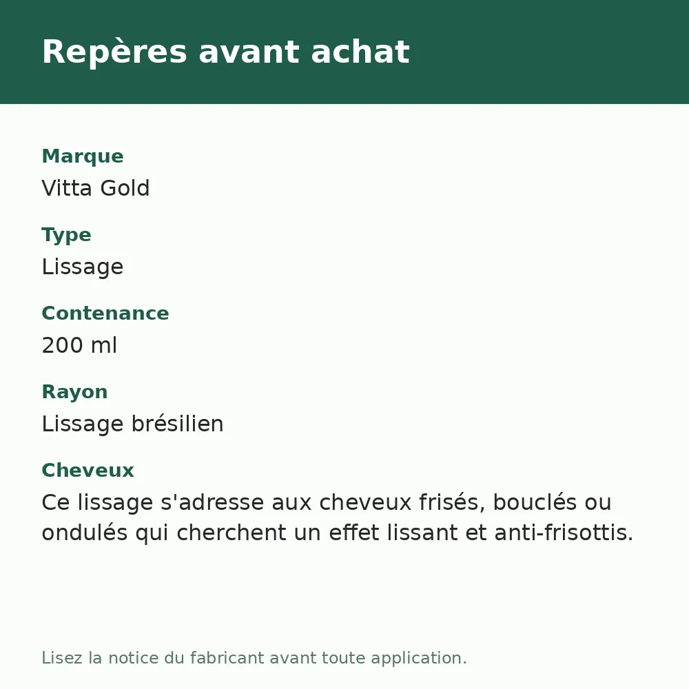 Vitta Gold Top One lissage protéine, repères avant achat (visuel composé)