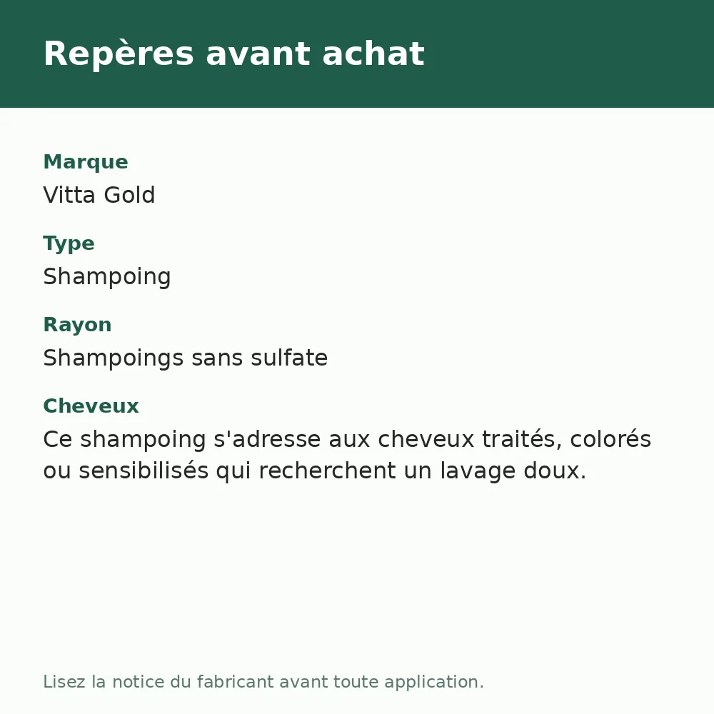 Vitta Gold Top One shampoing Hyalugen sans sulfate, repères avant achat (visuel composé)